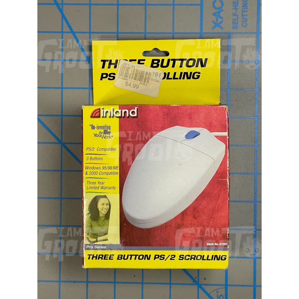 Inland Three Button PS/2 Scrolling Ball Computer Mouse Vintage TESTED WORKING